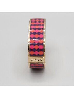 Vintage Avon Clamper Hinged Bracelet Geometric Enamel Pattern Pink Purple Orange